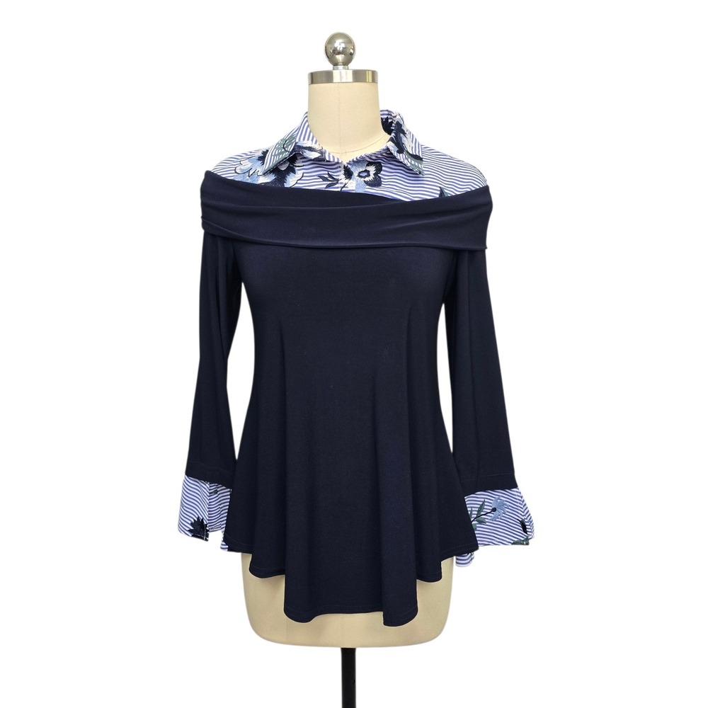 Joseph Ribkoff Navy Blue Mixed Media Striped Floral Embroidered Top‎ Size 2